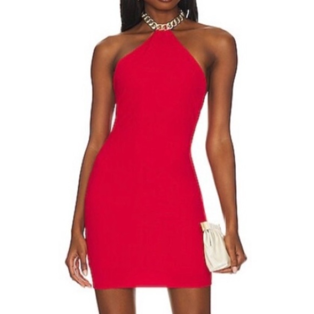 🟤NWT NOOKIE Scandal Mini Dress with Chunky Gold Chain Link Neckline in Red SMALL